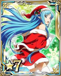 Rule 34 | 10s, 1girl, asuna (sao), asuna (sao-alo), blue eyes, blue hair, card (medium), gloves, hair ornament, hat, long hair, looking at viewer, matching hair/eyes, off shoulder, open mouth, pointy ears, red hat, red skirt, santa costume, santa hat, skirt, snowflakes, solo, star (symbol), sword art online, thighhighs, white gloves, white thighhighs