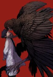 Rule 34 | 1boy, angry, arms behind back, bell7545, black hair, brown wings, clenched teeth, face-to-face, facing another, flying, harpy boy, highres, lab coat, long sleeves, looking at another, male focus, monster boy, necktie, original, profile, red background, short hair, signature, simple background, smirk, standing, strangling, teeth, wings