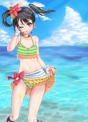 Rule 34 | 10s, 1girl, ;p, bare shoulders, beach, bikini, bikini skirt, black hair, blush, bracelet, breasts, cleavage, clothes lift, day, earrings, flower, frilled bikini, frills, green bikini, hair bobbles, hair flower, hair ornament, highres, ishinagiryou, jewelry, lifted by self, long hair, looking at viewer, love live!, love live! school idol project, nail polish, natsuiro egao de 1 2 jump!, navel, necklace, ocean, one eye closed, outdoors, red eyes, shinzaki3117, skirt, skirt lift, small breasts, smile, solo, striped bikini, striped clothes, swimsuit, tongue, tongue out, twintails, water, wink, yazawa nico