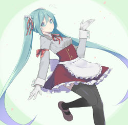 Rule 34 | 1girl, alternate costume, aqua eyes, aqua hair, black thighhighs, enmaided, fhang, gloves, hatsune miku, long hair, looking at viewer, maid, mary janes, shoes, solo, thighhighs, twintails, very long hair, vocaloid, white gloves