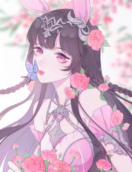 Rule 34 | 1girl, absurdres, animal, artist request, braid, brown hair, bug, butterfly, douluo dalu, dress, flower, hair ornament, highres, insect, kiss, kissing animal, pink dress, ponytail, weibo watermark, xiao wu (douluo dalu)