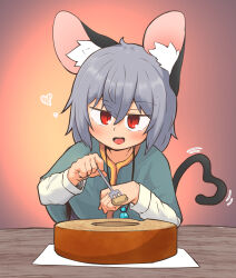 Rule 34 | 1girl, absurdres, animal ear fluff, animal ears, baumkuchen, blue capelet, blush, cake, capelet, commentary request, food, fork, greenpiecerice, grey hair, hair between eyes, heart, heart tail, highres, holding, holding fork, jewelry, long bangs, long sleeves, looking at viewer, mouse ears, mouse girl, mouse tail, nazrin, pendant, red eyes, shirt, short hair, smile, solo, table, tail, touhou, upper body, white shirt