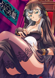 Rule 34 | 1girl, black dress, breasts, bridal gauntlets, chouun shiryuu, cleavage, closed mouth, collarbone, dress, from below, green eyes, grey hair, ikkitousen, large breasts, long hair, looking at viewer, shiny clothes, shiny legwear, sitting, slit pupils, smile, solo, strapless, strapless dress, thighhighs, unusually open eyes, veil