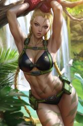 Rule 34 | 1girl, abs, armpits, belt, bikini, black bikini, blonde hair, blue eyes, braid, branch, breasts, cammy white, cleavage, facial scar, garrison cap, harness, hat, highres, large breasts, leg tattoo, legs together, looking at viewer, medium breasts, official alternate costume, parted lips, scar, scar on cheek, scar on face, solo, stanley lau, stomach tattoo, street fighter, street fighter v, swimsuit, tattoo, toned, twin braids, utility belt, water, waterfall