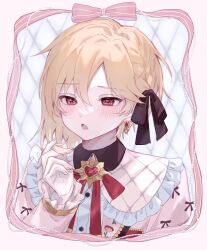 Rule 34 | 1boy, androgynous, black bow, blonde hair, blouse, blush, bow, earrings, ensemble stars!, hair bow, hair ribbon, highres, jewelry, long sleeves, looking at viewer, male focus, moka (210727), nito nazuna, open mouth, pink shirt, red eyes, ribbon, shirt, short hair, solo, white background