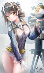 Rule 34 | 1girl, arknights, bad id, bad pixiv id, blonde hair, blush, breasts, brown hair, dress shirt, food, fruit, gloves, hair ornament, highres, ice, large breasts, looking at viewer, magallan (arknights), magallan (shaved-ice memories) (arknights), multicolored hair, naked shirt, no panties, official alternate costume, orange eyes, ryn (rinorea), shaved ice, shirt, short hair, simple background, smile, solo, two-tone hair, yellow eyes