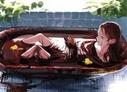 Rule 34 | 1girl, alternate hairstyle, bath, bath of blood, bathtub, blood, chainsaw man, closed mouth, commentary, eyelashes, from above, hair down, highres, holding, indoors, kamo (kamonegioisi), light smile, lips, long hair, makima (chainsaw man), orange eyes, partially submerged, plant, pochita (chainsaw man), profile, red hair, ringed eyes, ripples, rubber duck, smile, solo, sunlight, symbol-only commentary, twitter username