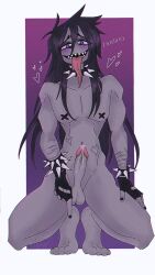 Rule 34 | 1boy, black hair, blue eyes, blush, bracelet, collar, completely nude, crouching, emo, fingerless gloves, gloves, goth fashion, heart, heart-shaped pupils, highres, jewelry, long hair, looking at viewer, male focus, nude, penis, peter dunbar, piercing, pointing, pointing down, purple background, scar, scar on arm, scar on stomach, spiked bracelet, spiked collar, spikes, symbol-shaped pupils, testicles, tongue piercing, your boyfriend (game)