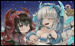 Rule 34 | 2girls, absurdres, aqua horns, bare shoulders, black hair, breasts, candy, candy cane, chimney, cleavage, commission, ebimomo, fangs, food, fur trim, grey hair, highres, hood, hood up, horns, horns through hood, large breasts, long hair, looking at viewer, multiple girls, one eye closed, open mouth, original, pixiv commission, red eyes, red horns, rope, smile, snow, stuffed animal, stuffed toy, teddy bear, tree
