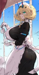 Rule 34 | 1girl, absurdres, apron, ass, barghest (fate), barghest (swimsuit archer) (fate), barghest (swimsuit archer) (second ascension) (fate), black dress, blonde hair, breasts, cup, dress, fate/grand order, fate (series), gloves, green eyes, heterochromia, highres, horns, huge breasts, long sleeves, looking at viewer, looking back, maid, maid headdress, medium hair, red eyes, shiroshisu, sketch, smile, solo, teacup, teapot, white apron, white gloves