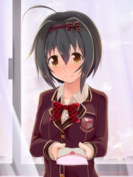 Rule 34 | 10s, 1girl, ahoge, black hair, blazer, blush, bow, bowtie, breasts, brown hair, closed mouth, collarbone, collared shirt, commentary request, confession, dress shirt, eyebrows, hair between eyes, hair bow, hairband, head tilt, heart, holding, holding letter, idolmaster, idolmaster cinderella girls, incoming gift, indoors, jacket, kohinata miho, letter, long sleeves, looking at viewer, love letter, love letter (idolmaster), medium breasts, pov, red bow, red bowtie, sch, school uniform, shirt, short hair, smile, solo, sticker, striped bow, striped bowtie, striped clothes, striped neckwear, tareme, tsurime, upper body, white shirt, window