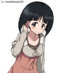 Rule 34 | 1girl, artist name, black eyes, black hair, blunt bangs, blush, bob cut, brown dress, casual, closed mouth, commentary, dress, girls und panzer, gotou moyoko, hand on own ear, kayabakoro, leaning forward, light blush, long sleeves, looking at viewer, one-hour drawing challenge, short hair, simple background, sketch, smile, solo, standing, twitter username, white background