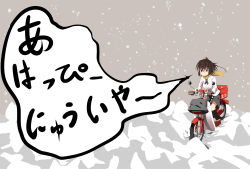 Rule 34 | 1girl, bag, expressionless, female focus, gloves, happy new year, looking at viewer, mieharu, motor vehicle, motorcycle, new year, scarf, shameimaru aya, snow, solo, touhou, translated, vehicle