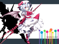 Rule 34 | 1girl, ascot, bat wings, bident, blue hair, character name, embellished costume, female focus, frills, highres, lance of longinus (evangelion), pointy ears, polearm, red eyes, remilia scarlet, ribbon, satou samu, solo, spear, touhou, wallpaper, weapon, wings