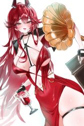 Rule 34 | 1girl, ahoge, amu1207, black gloves, blush, breasts, center opening, clothing cutout, cocktail dress, cowboy shot, cup, dress, embarrassed, fang, fingerless gloves, gloves, goddess of victory: nikke, highres, holding, holding cup, horns, large breasts, long hair, navel, orange eyes, phonograph, red dress, red hair, red hood (nikke), red hood (nonsense red) (nikke), side cutout, skin fang, solo, sweat, thigh strap, thighs, white background