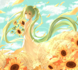 Rule 34 | 1girl, backless dress, backless outfit, blue sky, day, dress, floating hair, flower, green eyes, green hair, hair between eyes, hair ornament, hatsune miku, highres, holding, holding flower, lan jue, long hair, looking at viewer, looking back, outdoors, petals, sky, sleeveless, sleeveless dress, smile, solo, standing, strapless, strapless dress, sunflower, very long hair, vocaloid, white dress, yellow flower