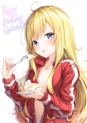 Rule 34 | 1girl, :o, ahoge, blonde hair, blue eyes, blush, breasts, cake, cake slice, collarbone, commentary request, food, fork, gabriel dropout, gabriel tenma white, hand up, happy birthday, highres, holding, holding fork, holding plate, jacket, long hair, long sleeves, looking at viewer, naked jacket, no bra, open clothes, open jacket, open mouth, pinky out, plate, shiero., small breasts, solo, track jacket, upper body, zipper