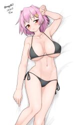Rule 34 | 1girl, absurdres, alternate costume, arm up, armpits, artist name, bikini, black bikini, blush, breasts, cleavage, closed mouth, commentary request, dated, feet out of frame, hair ornament, hairclip, highres, kantai collection, large breasts, looking at viewer, lying, maru (marg0613), navel, on back, on bed, one-hour drawing challenge, pink hair, red eyes, short hair, side-tie bikini bottom, simple background, smile, solo, swimsuit, tama (kancolle), twitter username, white background