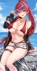 Rule 34 | 1girl, bare shoulders, bikini, bikini under clothes, black jacket, blush, breasts, cleavage, cloud, cloudy sky, day, dolphin shorts, earrings, fang, fujiko (fujik0), hair between eyes, halterneck, heart, heart-shaped eyewear, heart earrings, heart necklace, heterochromia, high ponytail, highres, hololive, hood, hooded jacket, houshou marine, houshou marine (summer), jacket, jewelry, large breasts, long hair, looking at viewer, navel, necklace, o-ring, o-ring thigh strap, official alternate costume, open clothes, open jacket, open mouth, outdoors, red bikini, red eyes, red hair, see-through, short shorts, shorts, sitting, sky, smile, solo, string bikini, sunglasses, swimsuit, thigh strap, very long hair, virtual youtuber, white shorts, yellow eyes