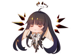 Rule 34 | 1girl, absurdly long hair, antenna hair, arknights, ascot, belt, belt buckle, black belt, black bustier, black gloves, black hair, black skirt, black thighhighs, blonde hair, blunt bangs, blush, breasts, broken halo, brown halo, brown wings, buckle, bustier, chibi, chinese commentary, closed eyes, closed mouth, collared jacket, colored inner hair, commentary request, dark halo, detached wings, dress shirt, energy wings, eyelashes, facing ahead, from side, full body, gloves, grey ascot, grey shirt, halo, hands up, highres, hime cut, invisible floor, jacket, layered sleeves, long hair, long sleeves, miniskirt, mole, mole under eye, multicolored hair, no shoes, pleated skirt, shadow, shenlan de dujiao, shirt, short over long sleeves, short-sleeved jacket, short sleeves, sidelocks, simple background, skirt, small breasts, smile, solo, standing, straight hair, strap, thighhighs, two-tone hair, very long hair, virtuosa (arknights), white background, white jacket, wide sleeves, wing collar, wings, zettai ryouiki