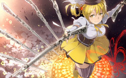 Rule 34 | 10s, 1girl, antique firearm, beret, blonde hair, corset, detached sleeves, drill hair, dual wielding, firearm, firelock, flower, from above, gun, hat, highres, holding, magical girl, magical musket, mahou shoujo madoka magica, mahou shoujo madoka magica (anime), musket, outstretched arms, puffy sleeves, rifle, ryou (kimagure), smile, solo, spread arms, striped clothes, striped thighhighs, thighhighs, tomoe mami, vertical-striped clothes, vertical-striped thighhighs, weapon, yellow eyes, zettai ryouiki
