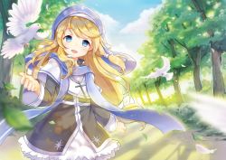 Rule 34 | 1girl, bird, blonde hair, blue eyes, blue scarf, cross, cross necklace, day, dress, feathers, hair ribbon, highres, jewelry, long hair, magi in wanchin basilica, necklace, nun, open mouth, outdoors, ribbon, scarf, solo, tree, white feathers, white ribbon, xiao ma