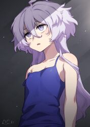 Rule 34 | 1girl, ahoge, bare shoulders, blue camisole, camisole, collarbone, commentary request, grey eyes, grey hair, gundam, gundam suisei no majo, hair between eyes, heebee, light blush, long hair, looking ahead, messy hair, miorine rembran, parted lips, shade, solo, strap slip, upper body