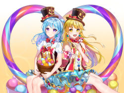 Rule 34 | 2girls, :d, bad id, bad pixiv id, ball, bang dream!, basket, blonde hair, blue hair, blue skirt, bow, bowtie, bubble background, candy, center frills, earrings, food, frills, gradient background, group name, hat, hat bow, headwear writing, heart, highres, holding, holding candy, holding food, holding lollipop, incoming food, jewelry, lollipop, looking at viewer, matsubara kanon, michelle (bang dream!), multiple girls, one side up, open mouth, orange background, outstretched hand, polka dot, polka dot bow, polka dot neckwear, pom pom (clothes), purple eyes, red bow, red neckwear, rerin (rerin913), ringed eyes, short sleeves, sidelocks, sitting, skirt, smile, smiley face, striped clothes, striped vest, top hat, tsurumaki kokoro, vertical-striped clothes, vertical-striped vest, vest, yellow eyes
