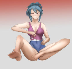 Rule 34 | 1girl, barefoot, blue hair, cleavage, feet, hand on own hip, long hair, looking at viewer, parted lips, pov, red eyes, soles, toes