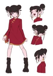 Rule 34 | 1girl, angry, arms at sides, black footwear, black hair, blunt bangs, boots, breasts, china dress, chinese clothes, closed eyes, double bun, dress, earrings, full body, gaako illust, gold trim, grey eyes, hair bun, hair ribbon, jewelry, laughing, looking at viewer, multiple views, open mouth, original, profile, red dress, red shorts, ribbon, short hair, shorts, side slit, sidelocks, sketch, small breasts, split mouth, standing, tassel, tassel earrings, teeth, white background, white ribbon