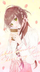 Rule 34 | 1girl, brown hair, closed mouth, coffee cup, collar x malice, cup, disposable cup, food, fruit, green eyes, hair ribbon, holding, holding cup, hoshino ichika (collar x malice), kaori, long hair, long sleeves, looking at viewer, pink background, pink ribbon, pink skirt, ribbon, shirt, skirt, smile, solo, strawberry, white shirt