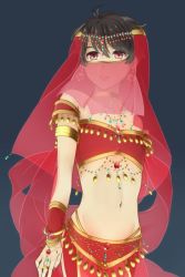 Rule 34 | 10s, aldnoah.zero, arabian clothes, bad id, bad pixiv id, bed, bracelet, brown eyes, brown hair, crossdressing, earrings, harem outfit, jewelry, kaizuka inaho, lots of jewelry, male focus, midriff, mouth veil, navel, red eyes, see-through, seiran (blue-orchid), solo, trap, veil