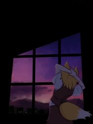 Rule 34 | 1girl, ahoge, animal ears, arms behind head, arms up, blonde hair, brown skirt, brown vest, collared shirt, commentary request, cookie (touhou), cowboy shot, fox ears, fox girl, fox tail, from behind, highres, indoors, medium hair, miramikaru riran, purple sky, shirt, short sleeves, skirt, sky, solo, sunset, tail, vest, white shirt, window, yan pai