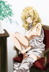 Rule 34 | 1girl, barefoot, blonde hair, blue eyes, breasts, colorized, drill hair, feet on chair, highres, large breasts, looking at viewer, mouth hold, no bra, no nipples, oriana thomason, sitting, sleeves rolled up, solo, tappa (esperanza), toaru majutsu no index, undressing, yataneko (echigo)