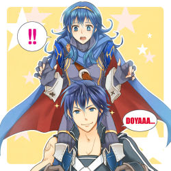Rule 34 | !, !!, 1boy, 1girl, age difference, armor, blue hair, blush, boots, cape, carrying, chrom (fire emblem), crests (fire emblem), father and daughter, fingerless gloves, fire emblem, fire emblem awakening, gloves, grin, highres, long hair, lucina (fire emblem), nintendo, open mouth, pantyhose, sawako68, shoulder carry, smile, sparkle, star (symbol), symbol-shaped pupils