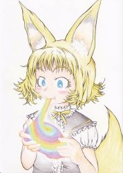 Rule 34 | 1girl, absurdres, animal ears, blonde hair, blue eyes, blush, bright pupils, colorful, commentary request, doitsuken, eating, fang, fang out, fox ears, fox tail, highres, holding, neck ribbon, original, puffy short sleeves, puffy sleeves, ribbon, scan, short hair, short sleeves, smile, solo, tail, traditional media, upper body, vest, yellow ribbon
