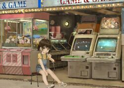 Rule 34 | 1girl, absurdres, arcade cabinet, blue overalls, brown eyes, brown hair, crane game, food, highres, holding, holding food, namuta, original, overalls, shirt, shoes, short hair, sitting, solo, tagme, yellow shirt