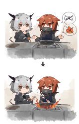 Rule 34 | apron, arknights, arrow (symbol), aruke0, black apron, black jacket, brown eyes, brown hair, closed mouth, crownslayer (arknights), english text, fire, flying sweatdrops, frying pan, grey hair, grey shirt, hair between eyes, hair intakes, hair ornament, hairclip, highres, holding, horns, jacket, juliet sleeves, long sleeves, mask, mouth mask, open clothes, open jacket, puffy long sleeves, puffy sleeves, shirt, shrugging, smile, spatula, speech bubble, tail, talulah (arknights)