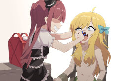 Rule 34 | 2girls, ahoge, black dress, black headwear, blonde hair, blood, blood from mouth, blue bow, blue eyes, blunt bangs, blush, bow, breasts, commentary request, cowboy shot, dress, fang, frilled sleeves, frills, fuka (kantoku), gas can, gothic lolita, grand theft auto, grand theft auto v, hair bow, hair over breasts, hanazono yurine, hat, highres, holding pliers, jashin-chan, jashin-chan dropkick, lamia, lolita fashion, long hair, looking at another, medium bangs, mini hat, monster girl, multiple girls, navel, open mouth, red hair, shirt, simple background, sitting, small breasts, standing, table, topless, torture, twintails, white background, white shirt
