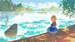 Rule 34 | 1girl, blue skirt, blush, boat, brown shirt, cattail, cloud, cloudy sky, commentary, fjsmu, flower, forest, green eyes, highres, lake, lily pad, looking at viewer, lotus, mizuhashi parsee, mountainous horizon, nature, pier, plant, reflection, reflective water, sash, scenery, shirt, short hair, skirt, sky, smile, solo, touhou, tree, water, watercraft, white sash, wide sleeves
