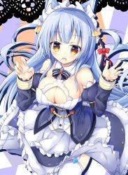 Rule 34 | 1girl, absurdres, animal ears, azur lane, bad id, bad pixiv id, blue hair, breasts, cat ears, cleavage, commentary request, detached sleeves, garter belt, hair ornament, highres, large breasts, long hair, looking at viewer, maid headdress, mitsuhamochi, neptune (azur lane), open mouth, paw pose, ribbon, solo, tail, tail ornament, tail ribbon, thighhighs, uniform, vest, yellow eyes
