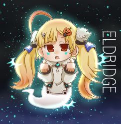 Rule 34 | 1girl, ahoge, azur lane, bare shoulders, blonde hair, blush, brown eyes, brown hair, character name, chibi, commentary request, detached sleeves, dress, eldridge (azur lane), facial mark, full body, fur trim, ghost pose, ghost tail, gradient hair, gurageida, hair ornament, hands up, jack-o&#039;-lantern, jack-o&#039;-lantern hair ornament, long hair, long sleeves, looking at viewer, multicolored hair, open mouth, puffy long sleeves, puffy sleeves, sleeveless, sleeveless dress, solo, twintails, very long hair, white dress