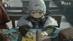 Rule 34 | 1boy, 1girl, :o, avgust (reverse:1999), blonde hair, blue jacket, blush, book, book stack, chair, child, classroom, coat, copyright name, crayon, desk, fur-trimmed coat, fur hat, fur trim, green coat, grey eyes, grey hair, grey scarf, hair between eyes, hands on table, hat, head scarf, highres, holding, holding crayon, indoors, jacket, jewelry, logo, long sleeves, male focus, notebook, official art, open book, pendant, red scarf, reverse:1999, scarf, school chair, school desk, short hair, sidelighting, solo, solo focus, upper body, ushanka, vila (reverse:1999), white hat