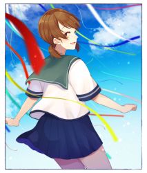 Rule 34 | 1girl, blue sailor collar, blue skirt, brown eyes, brown hair, collared shirt, cowboy shot, from behind, highres, kantai collection, low twintails, open mouth, parted bangs, pleated skirt, ribbon, sailor collar, school uniform, serafuku, shirayuki (kancolle), shirt, short hair, short twintails, skirt, smile, solo, tanaka io (craftstudio), twintails