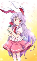 Rule 34 | 1girl, animal ears, feet out of frame, flower, gradient background, highres, holding, holding flower, long hair, looking at viewer, medium skirt, necktie, petals, pink skirt, pote (ptkan), puffy short sleeves, puffy sleeves, purple hair, rabbit ears, rabbit girl, rabbit tail, red eyes, red necktie, reisen udongein inaba, shirt, short sleeves, skirt, socks, solo, standing, tail, tie clip, touhou, very long hair, white shirt, white socks, yellow background