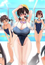 Rule 34 | 5girls, arms up, blue eyes, blush, breast awe, breast conscious, breast envy, breasts, brown hair, bursting breasts, cleavage, doinaka, embarrassed, highres, huge breasts, medium breasts, multiple girls, one-piece swimsuit, pool, purple eyes, red hair, short hair, small breasts, swimming, swimming goggles, swimsuit, translated, wide hips, yellow eyes