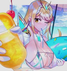Rule 34 | 1girl, beach, bikini, blonde hair, breasts, cleavage, commentary request, cup, earrings, food, fruit, gem, gloves, glowing, hair ornament, headpiece, holding, holding cup, huge breasts, jewelry, juice, large breasts, long hair, looking at viewer, mythra (xenoblade), nakazou2000, nintendo, ocean, one eye closed, simple background, smile, solo, swept bangs, swimsuit, tiara, umbrella, very long hair, water, wet, white bikini, xenoblade chronicles (series), xenoblade chronicles 2, yellow eyes