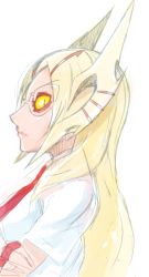 Rule 34 | 1girl, animification, blonde hair, blue background, colored sclera, from side, g=hikorou, general grievous, glasses, grieve-tan, hair ornament, highres, long hair, looking at viewer, necktie, personification, profile, red necktie, school uniform, shirt, short sleeves, slit pupils, solo, star wars, white background, white shirt, yellow sclera