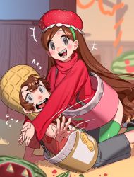 Rule 34 | +++, 1boy, 1girl, absurdres, bad id, bad twitter id, black eyes, black shorts, blush, braces, brother and sister, brown hair, cosplay, dipper pines, embarrassed, flying sweatdrops, food, fruit, gravity falls, green thighhighs, grey shorts, happy, hat, highres, hug, kneeling, long hair, long sleeves, looking at viewer, mabel pines, motion lines, nia (nia4294), open mouth, peanut, peanut butter, red shirt, red sweater, shirt, short hair, shorts, siblings, sitting, skindentation, smile, straw hat, strawberry, sweater, swept bangs, t-shirt, thighhighs, twins, very long hair, watermelon
