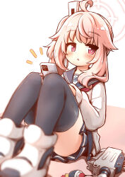 Rule 34 | 1girl, ass, black skirt, black thighhighs, blue archive, blurry, cellphone, commentary request, depth of field, hair between eyes, hair ornament, halo, highres, holding, holding phone, kareya, knees up, long hair, long sleeves, looking at viewer, micro uzi, natsu (blue archive), phone, pink hair, pleated skirt, red eyes, school uniform, serafuku, side ponytail, sidelocks, simple background, sitting, skirt, smartphone, solo, thighhighs, two-tone background, white background, zettai ryouiki
